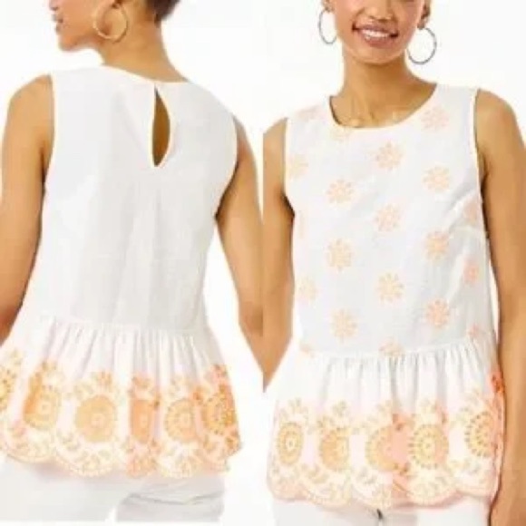 LILLY PULITZER Lilliana Embroidered Seersucker Peplum Top White Cantaloupe (12) - Picture 1 of 8